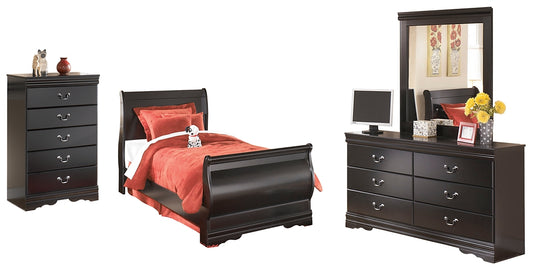 Huey Vineyard Twin Sleigh Bed with Mirrored Dresser and Chest